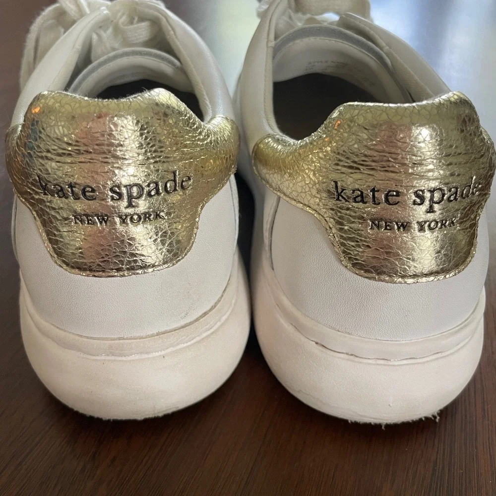 Kate Spade Lift Sneaker Womens 8B White Gold Leather Platform Casual Preppy